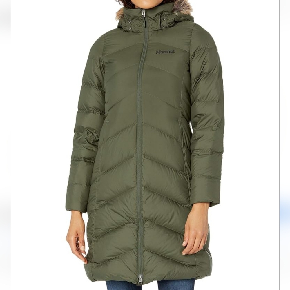 NWT Marmot Women's Montreal 700 Fill Down Fur Lined Long Parka Nori Green- Small